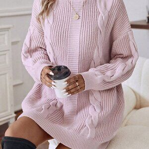 Baby Pink Casual Womens Turtleneck Cable Knit Drop Shoulder Sweater Dress